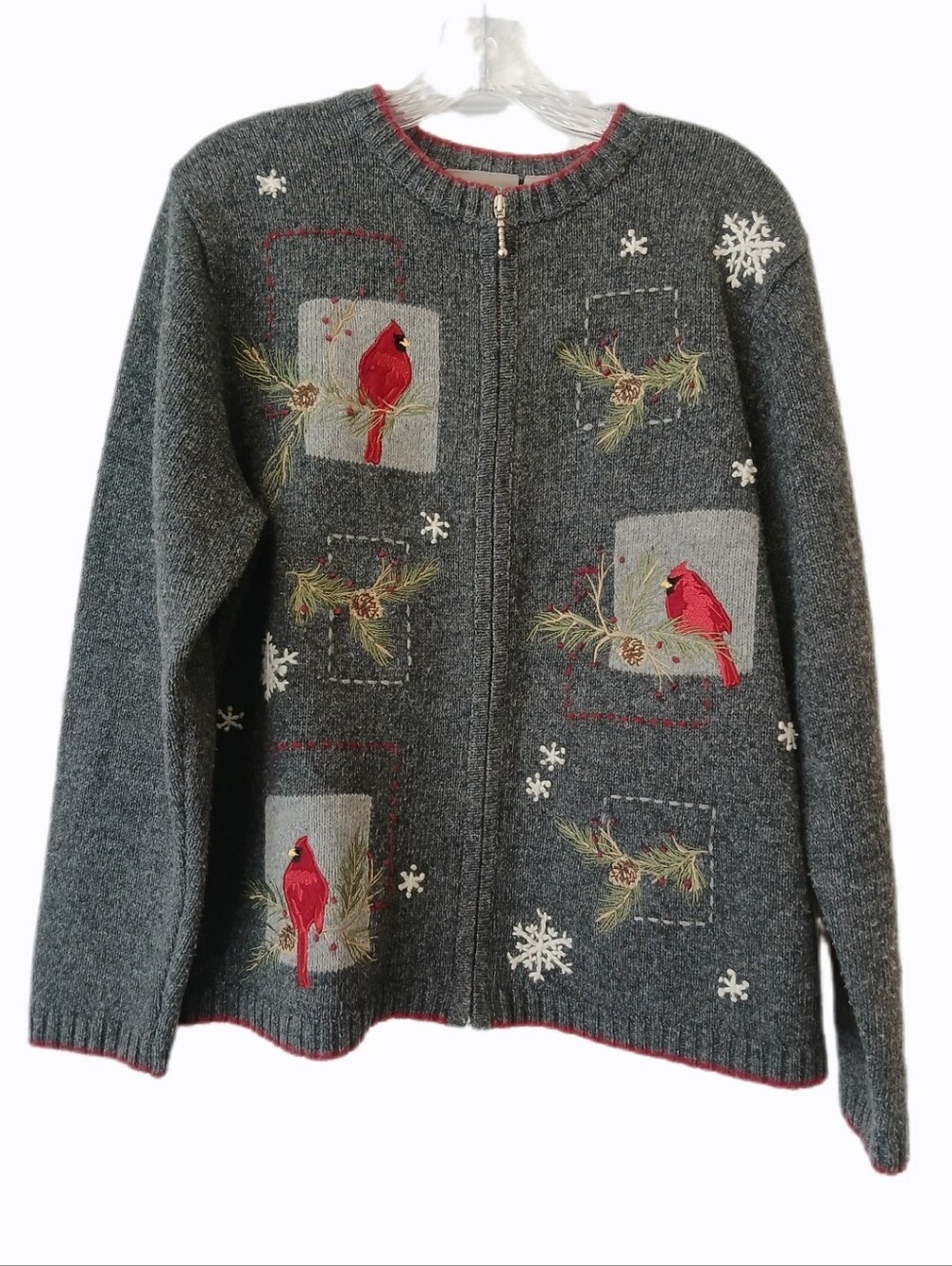 Croft & Barrow Large Gray Zip Front Sweater with Red Cardinal Embroidery Winter